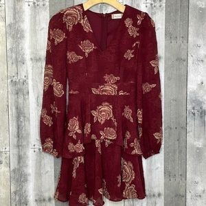 𝅺ALTAR’D State burgundy floral midi dress. Sheer fabric‎ arms. Fully lined. XS